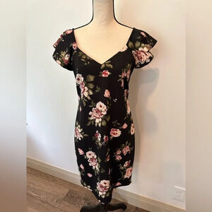 Guilty Floral Black and Pink Midi Dress Bodycon  Flutter Sleeve Size Large